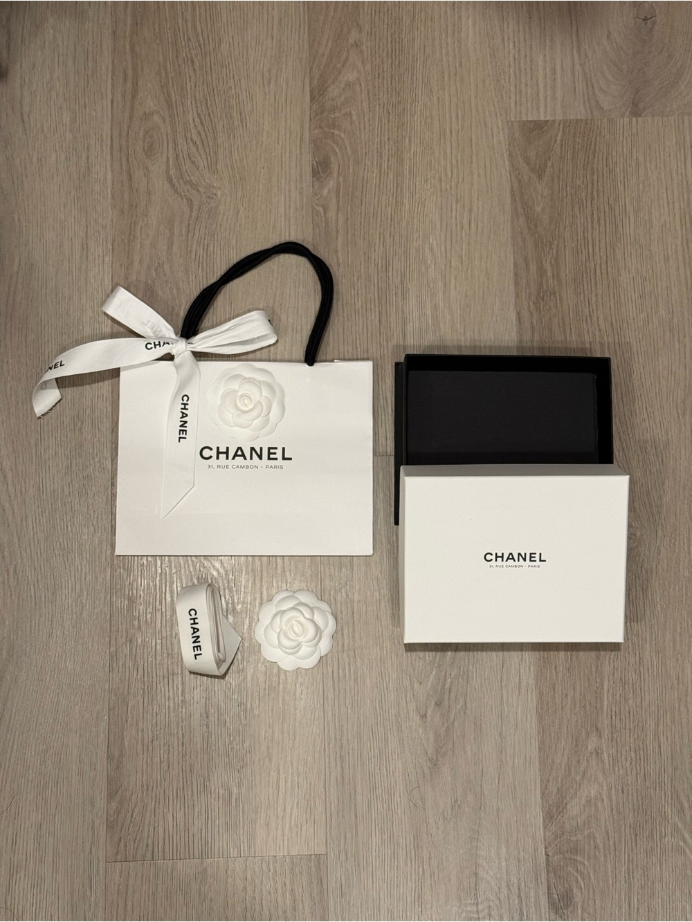 CHANEL White Gift Bag and Box Set with Camellia Accent